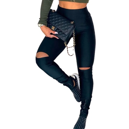 Black Suplex Pants Legguing Style High Waist Open Knee Cutout Style Riding Trend